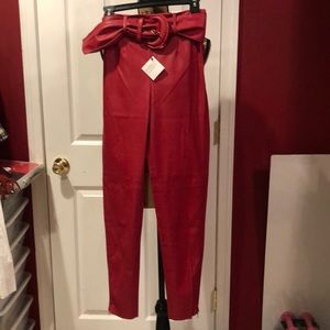 Red faux leather pants